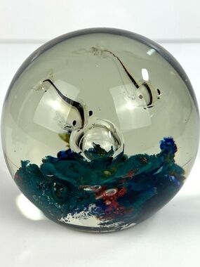 Murano Style Fish and Coral Clear Glass Paperweight “ diameter Ocean Life